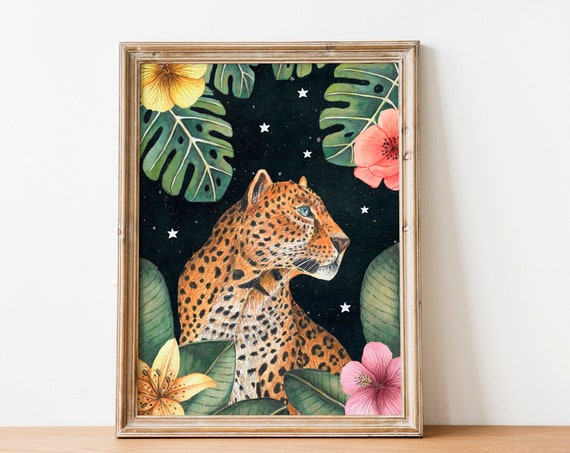 Leopard Art Print Jungle Illustration Tropical Wall Decor Animal Painting Floral Artwork Living Room Rainforest Prints