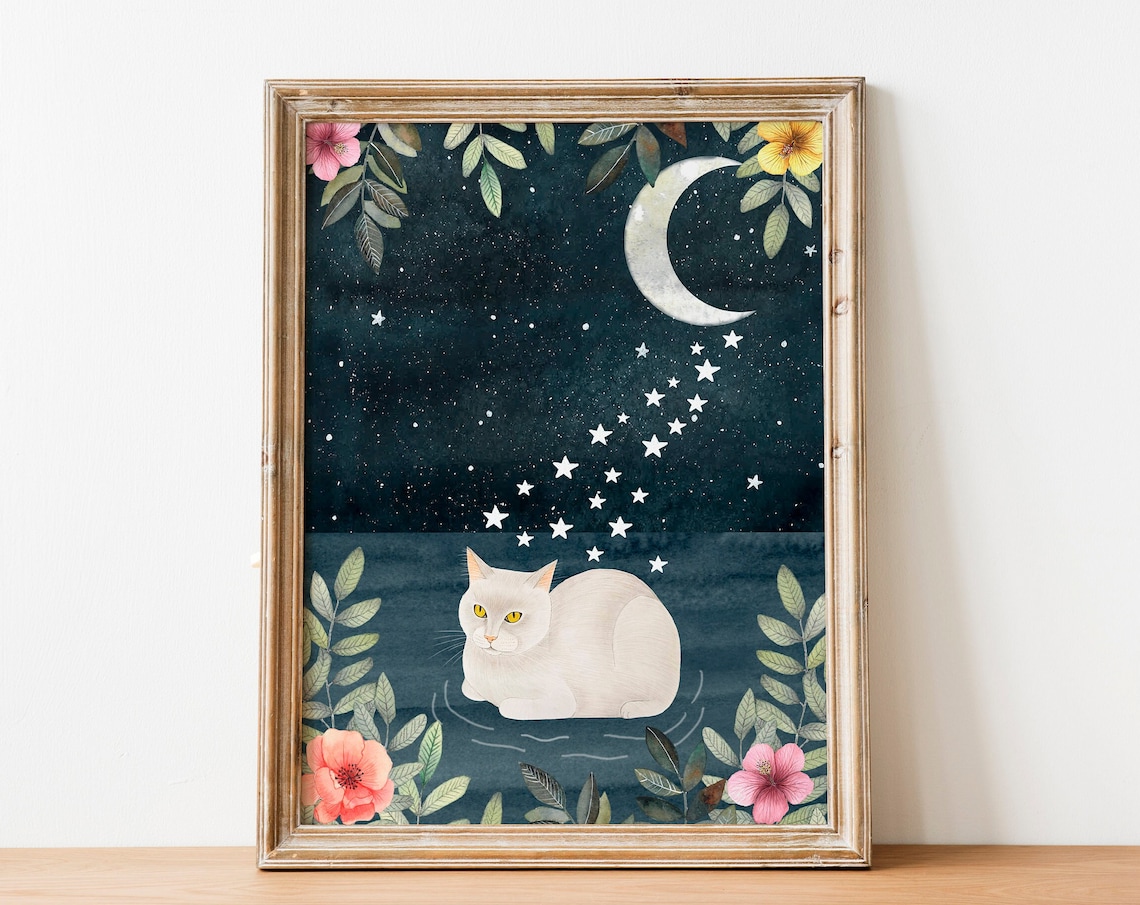 White Cat Art Print, Fantasy Night Sky