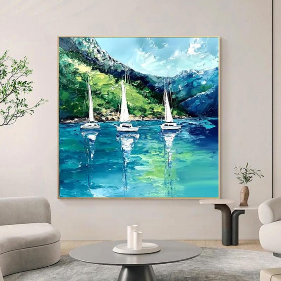Hand Painted Abstract Oil Painting Green Mountains With Blue Green Water And White Boats Textured Layered Art For Living Room Entryway