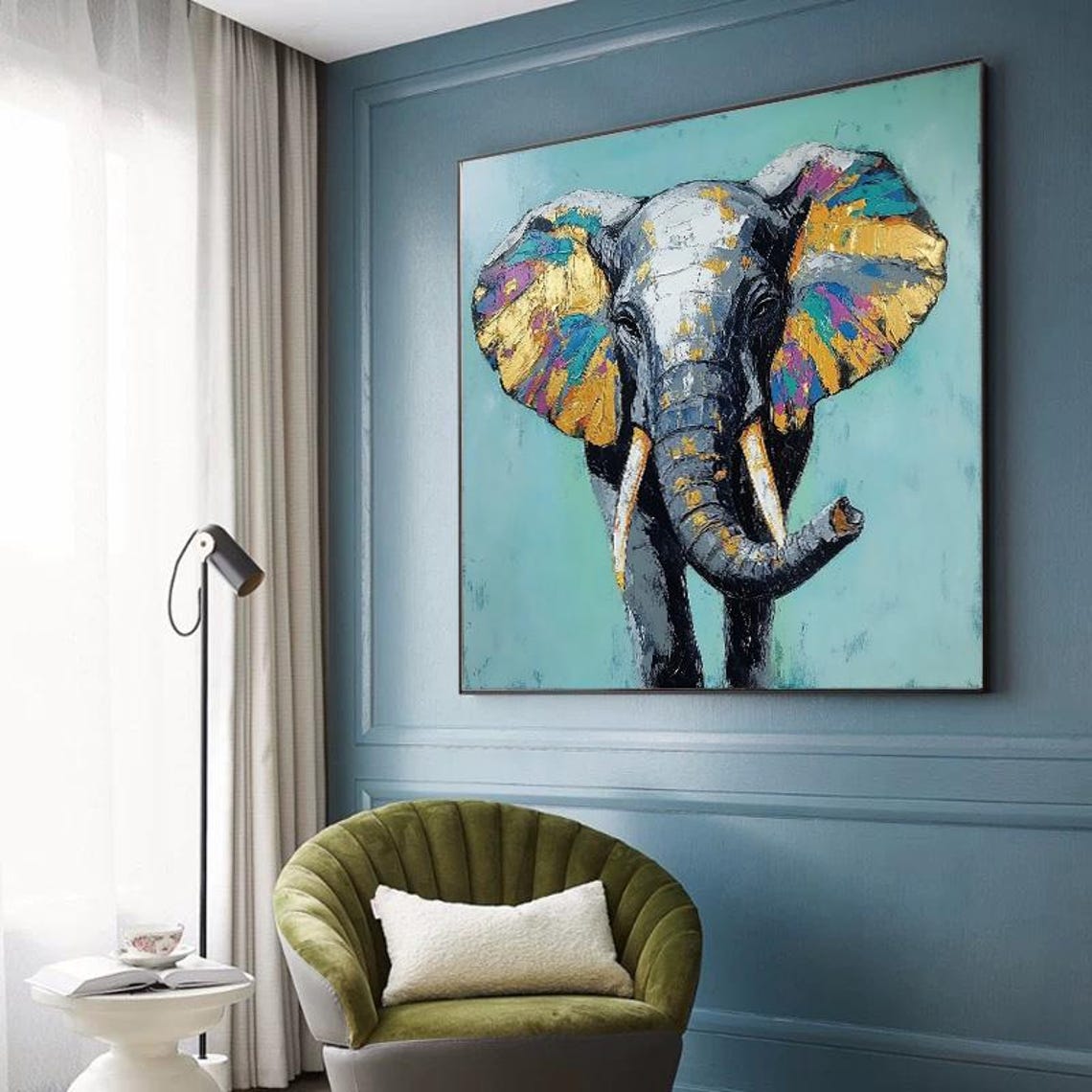 Wise Elephant Portrait With Paint Splashed Colorful Ears Square Poster - Image 5