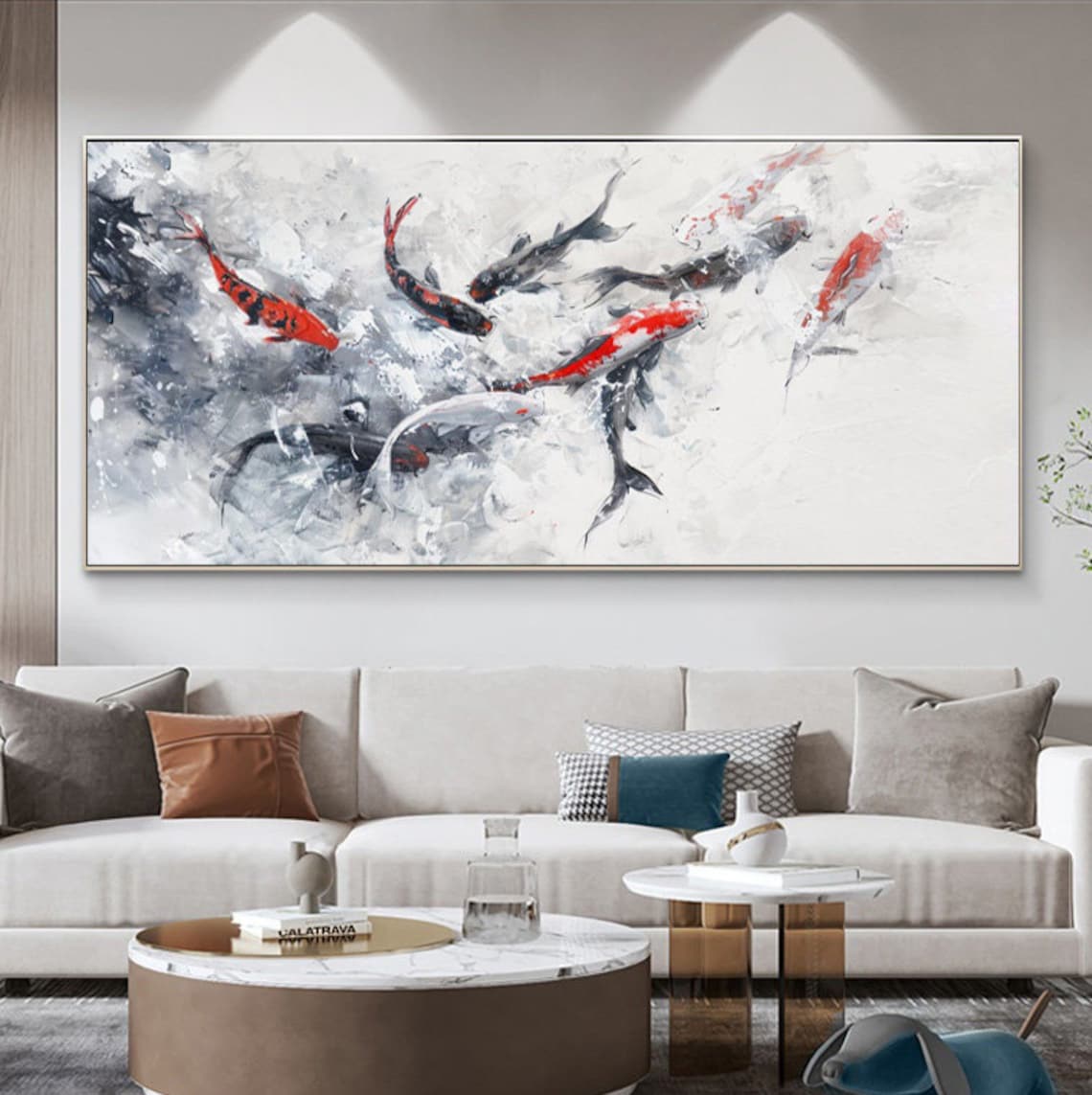Black and White Koi Fish Oil Painting Wall Art - Image 4