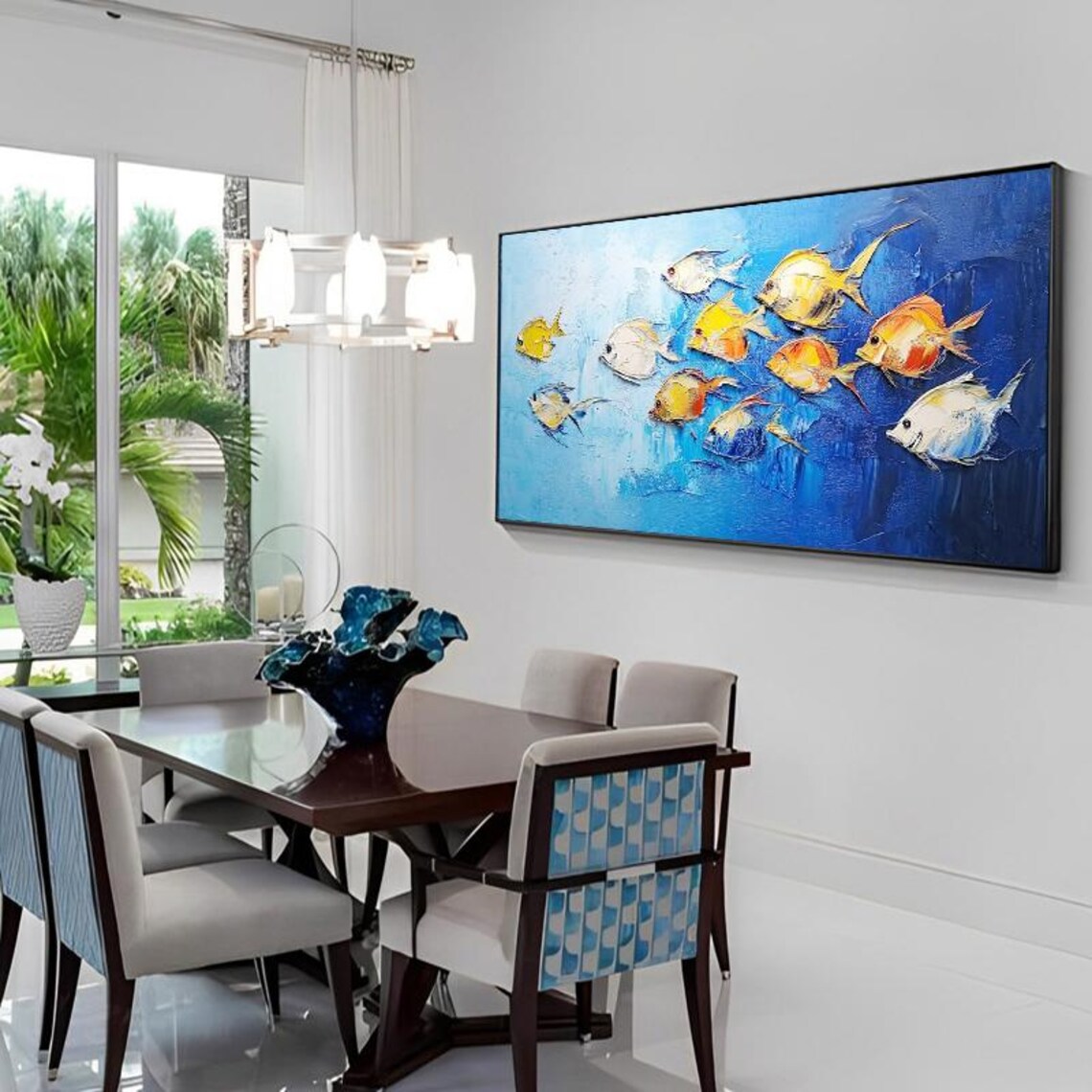 Lively School of Yellow and White Fish in Blue Ocean Art Poster - Image 4