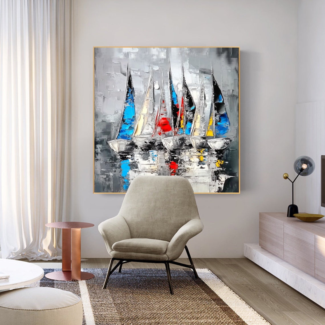 Docked Sailboats With Bright Multicolor Sails on Gray Water Wall Art - Image 4