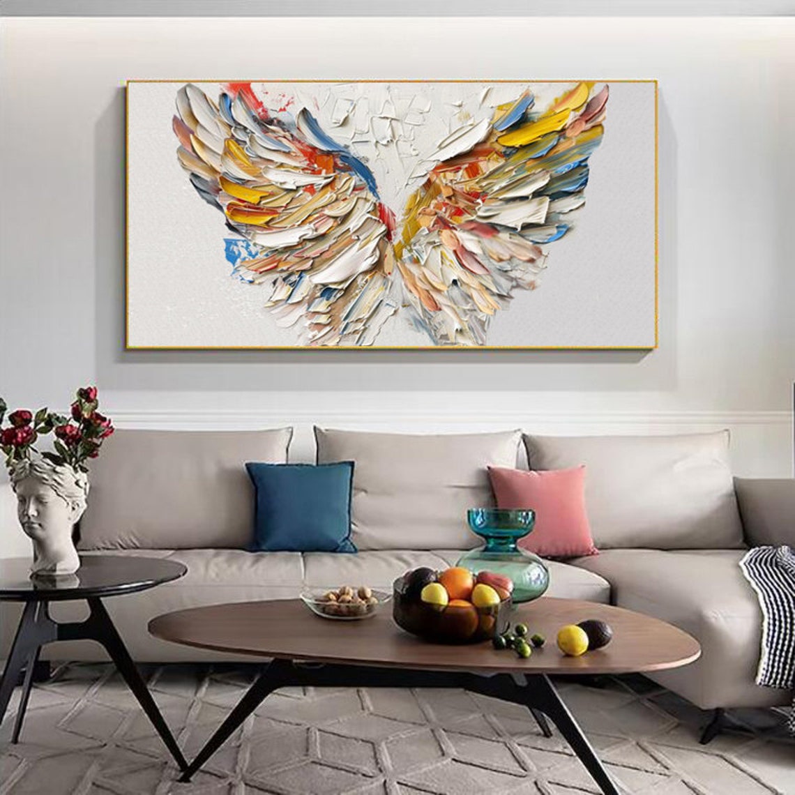 Colorful Angel Wings Painted in Thick Impasto Brushwork Wall Art - Image 3