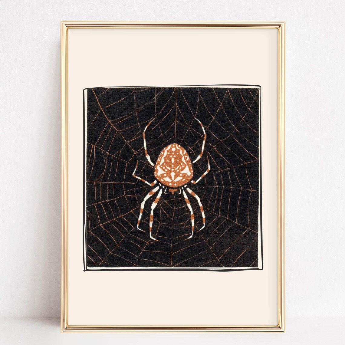 Vintage Spider On Web Woodblock Style Halloween Insect Art Poster