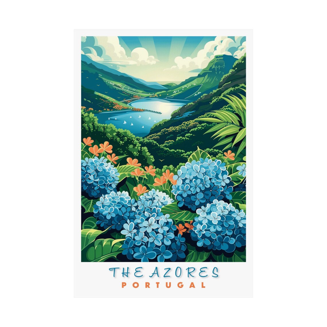 Vintage Azores Travel Poster, Lagoa Do Fogo Portugal
