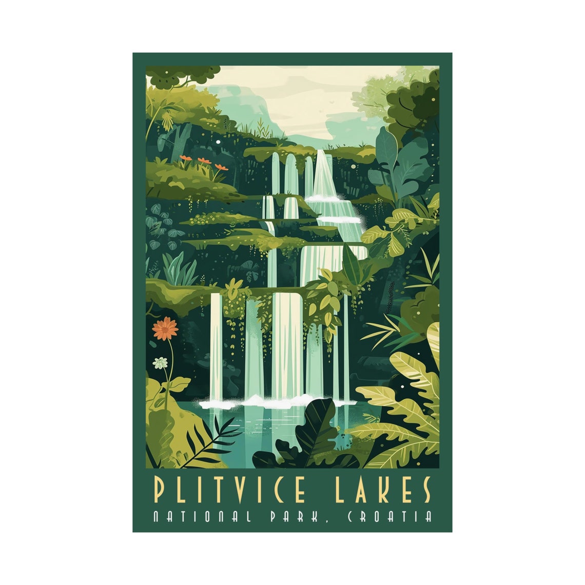 Plitvice Lakes National Park Croatia Poster Waterfall Forest Art