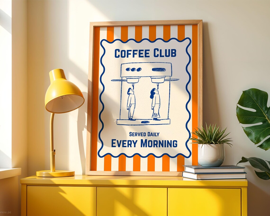 Coffee Club Every Morning Striped Retro Cafe Fun Kitchen Poster