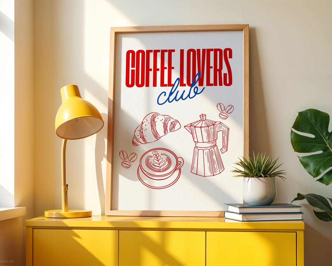 Coffee Lovers Club Red Line Art Kitchen Cafe Decor Wall Poster