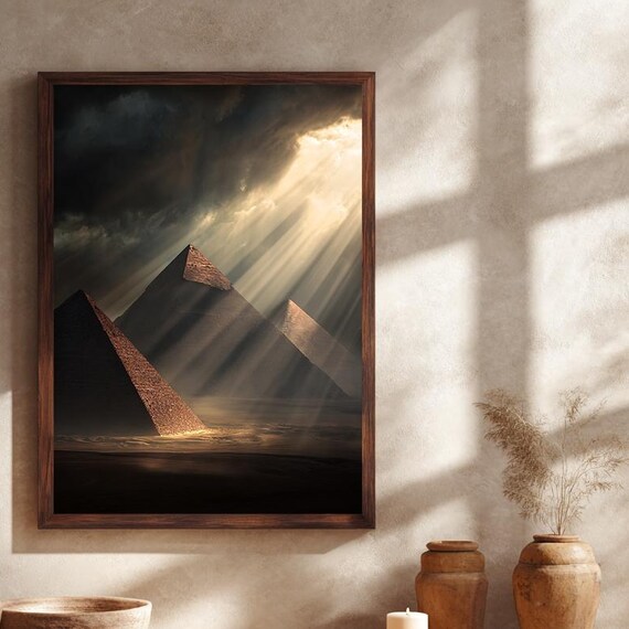 Egyptian Pyramids Dramatic Sun Rays Desert Night Landmark Art Poster