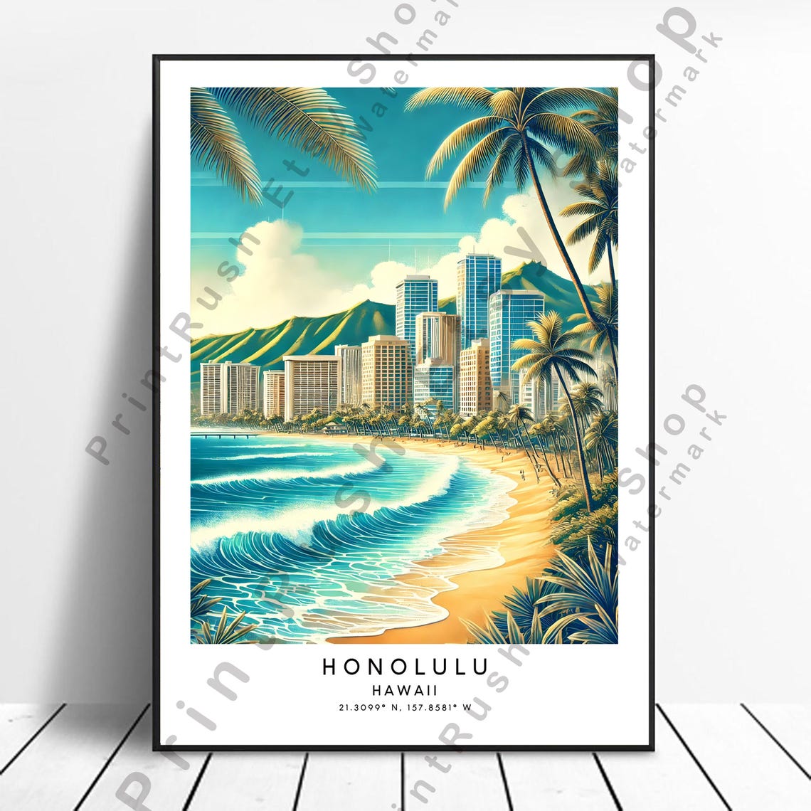 Honolulu Hawaii Waikiki Beach Skyline Diamond Head Travel Poster