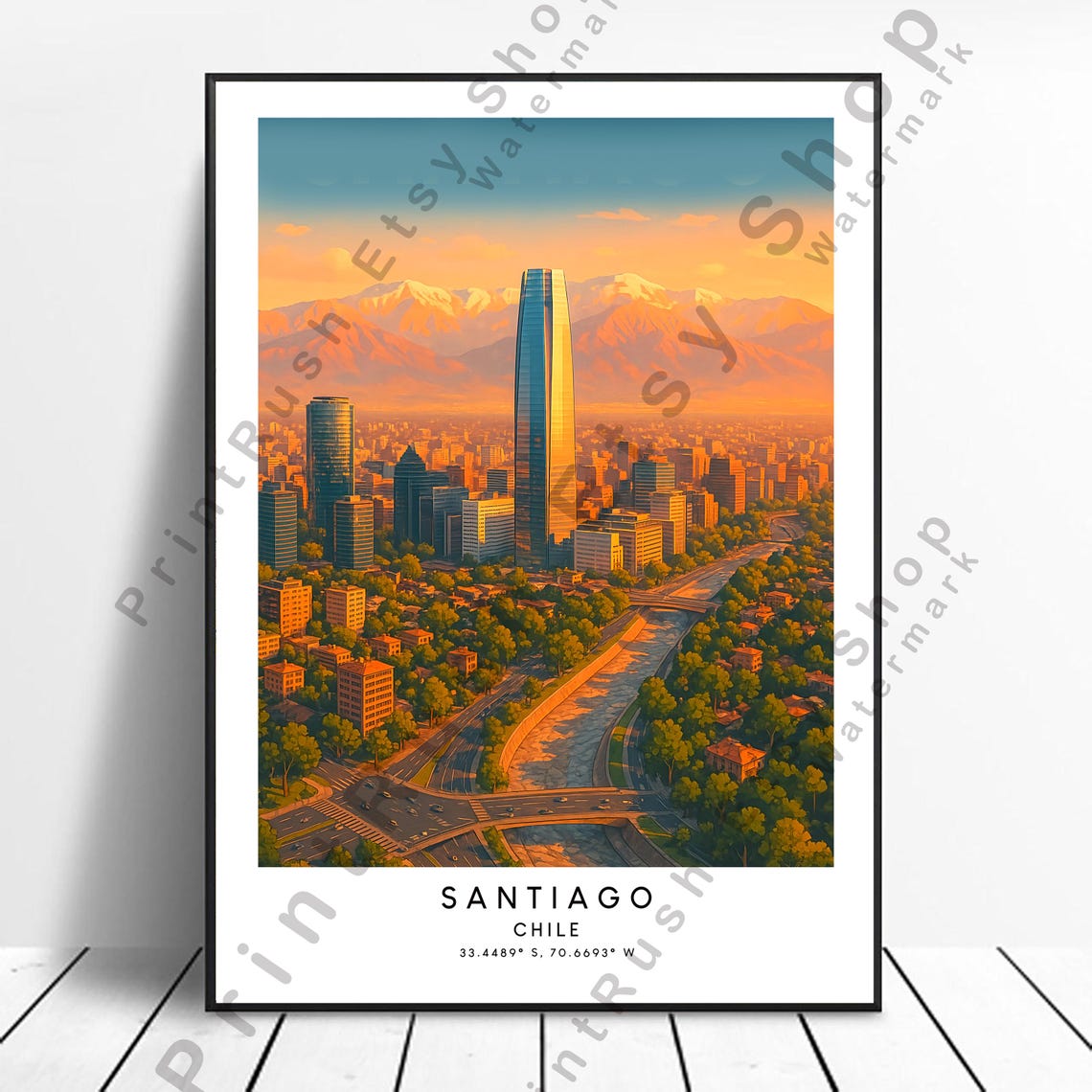 Santiago Chile Skyline Andes Mountains Sunset City Illustration Poster