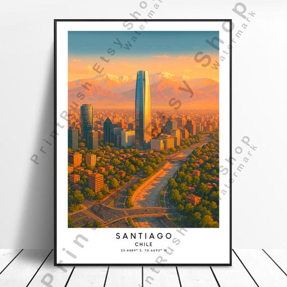 Santiago Chile Travel Poster Art Print Illustration Wall Home Dcor Hanging Colourful Artwork Gift