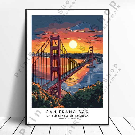 San Francisco Golden Gate Bridge Sunset City Skyline Art Poster