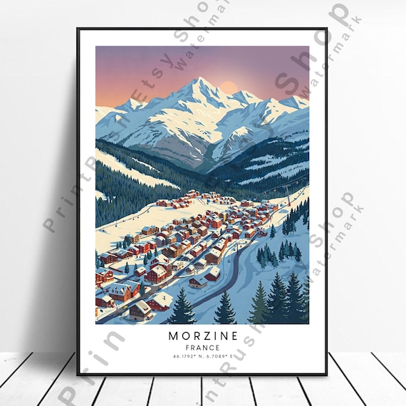 Morzine France Alpine Ski Town Snowy Peaks Travel Illustration Poster