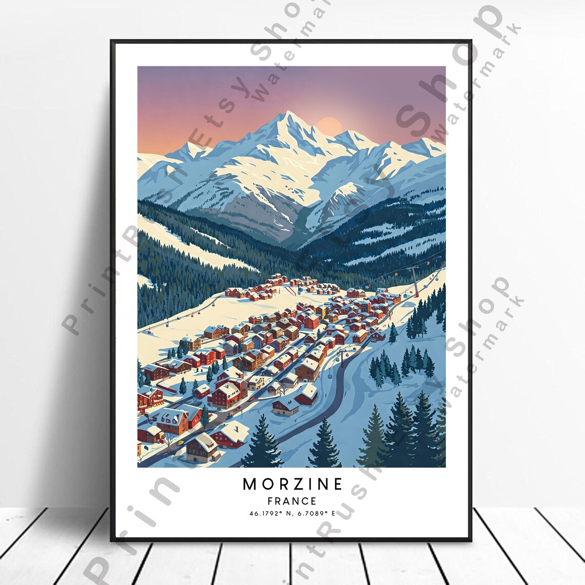 Morzine France Alpine Ski Town Snowy Peaks Travel Illustration Poster
