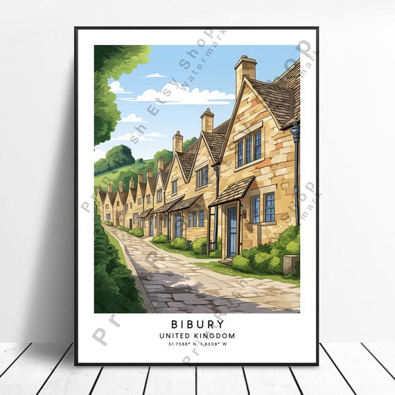 Bibury Travel Print Colourful Village Poster Wall Art Minimalist Cotswold Illustration