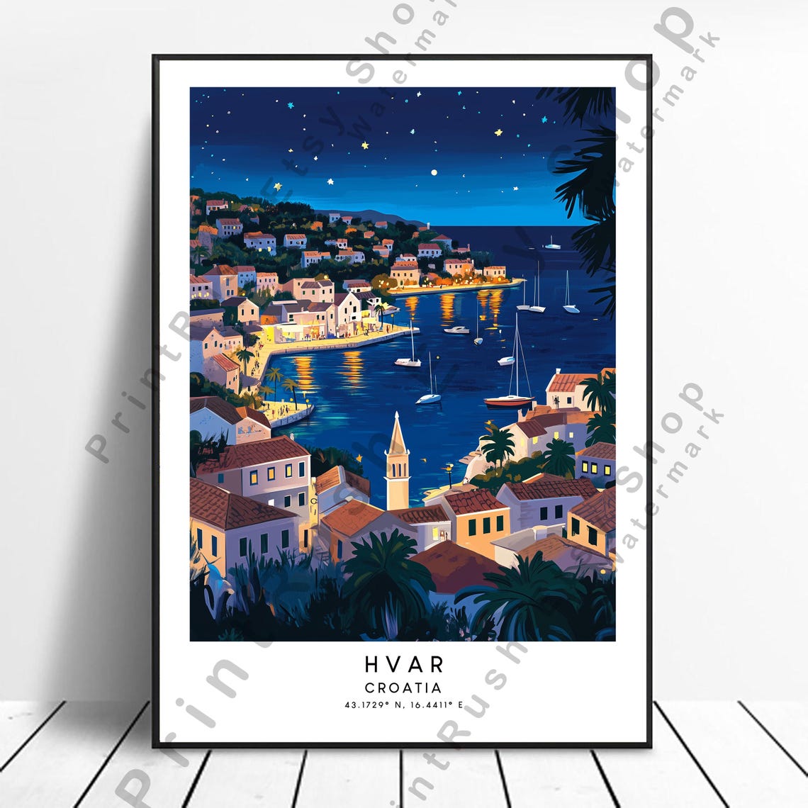 Hvar Croatia Night Harbor Starry Mediterranean Coastal Travel Poster