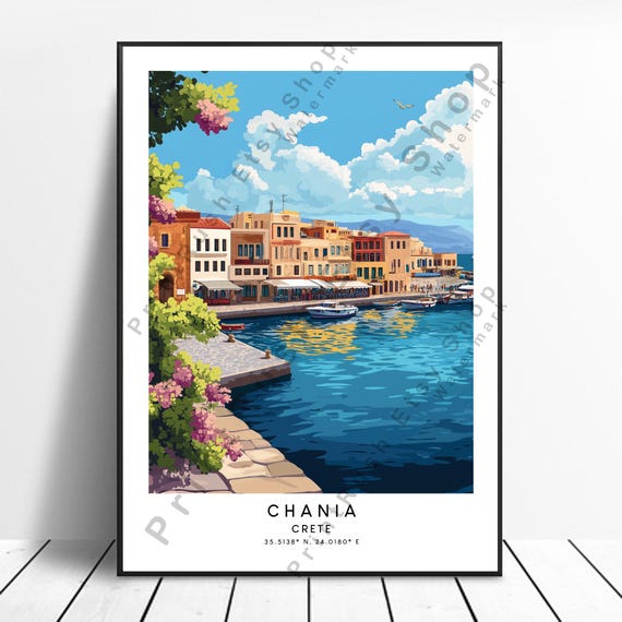 Chania Travel Print Colourful Greece Wall Art Minimalist Poster Home Dcor Crete Illustration Gift