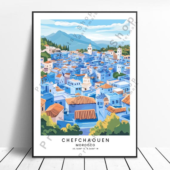 Morocco Travel Print Chefchaouen Poster Home Decor Colourful Illustration Chaouen Wall Gift