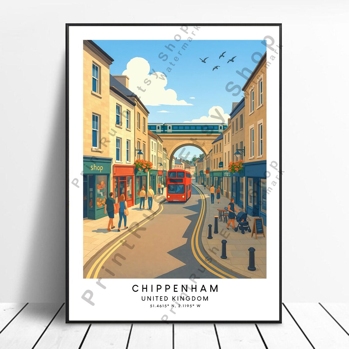 Chippenham England Historic High Street Red Bus Viaduct Travel Poster