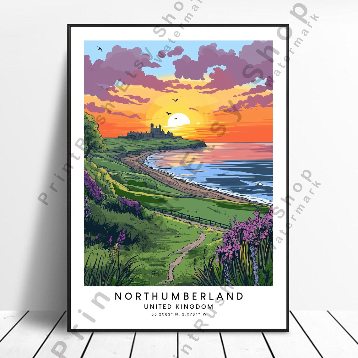 Northumberland United Kingdom Sunset Coast And Castle Travel Poster