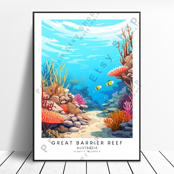 Great Barrier Reef Australia Colorful Coral Reef Fish Coordinates Poster