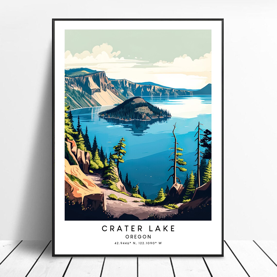 Crater Lake Colourful Travel Poster, Minimalist Art