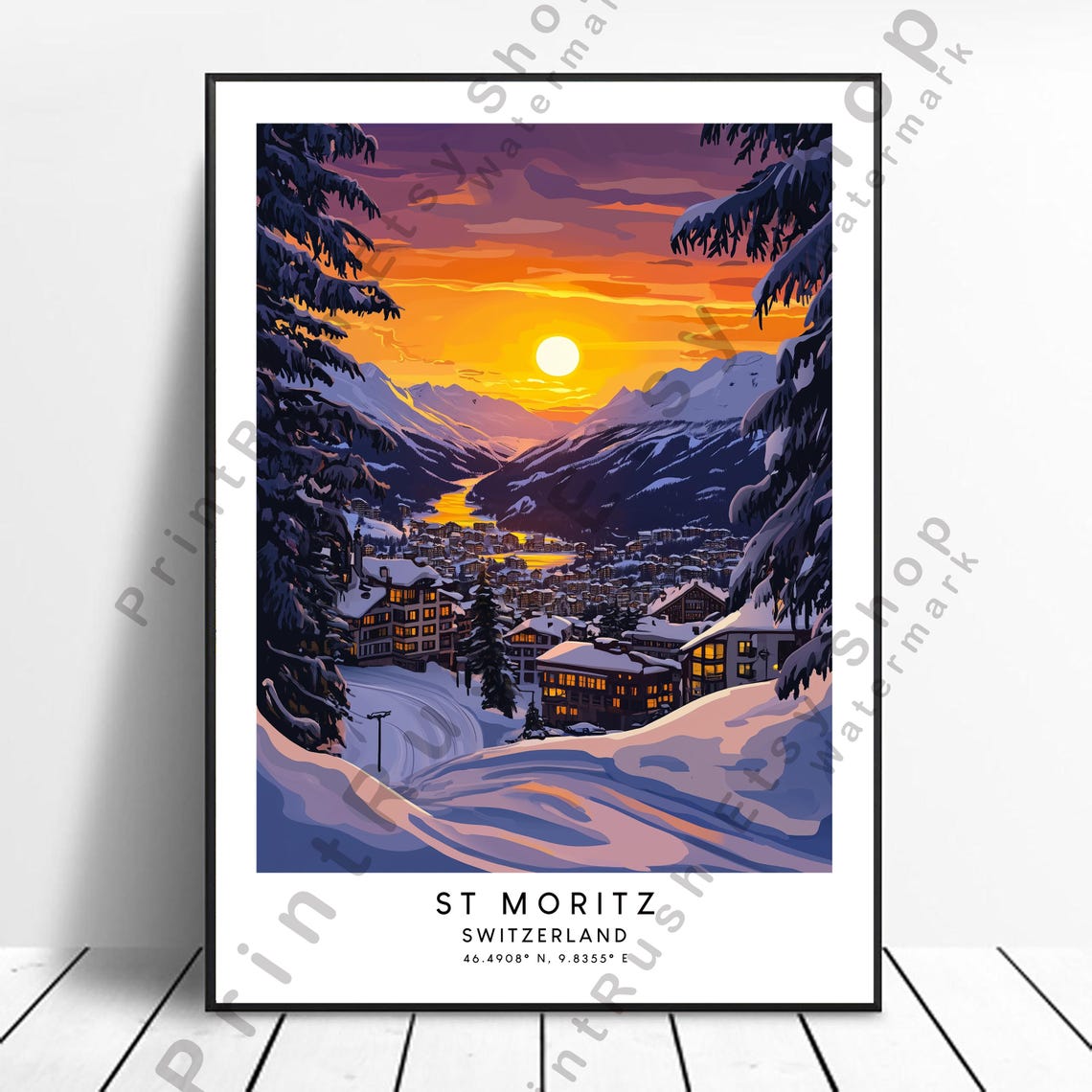 St Moritz Switzerland Winter Sunset Alpine Resort Travel Poster