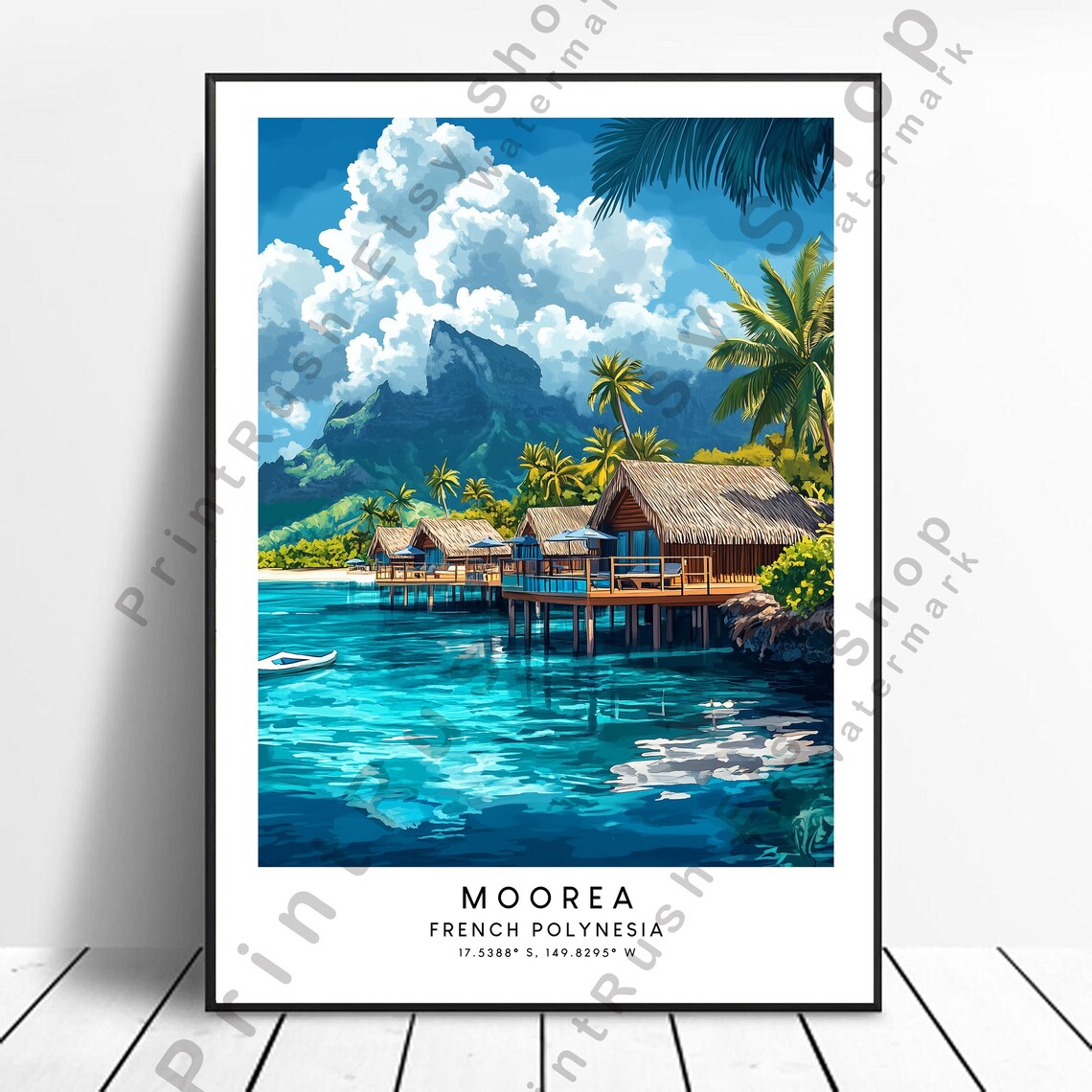 Moorea French Polynesia Lagoon Overwater Bungalow Travel Poster