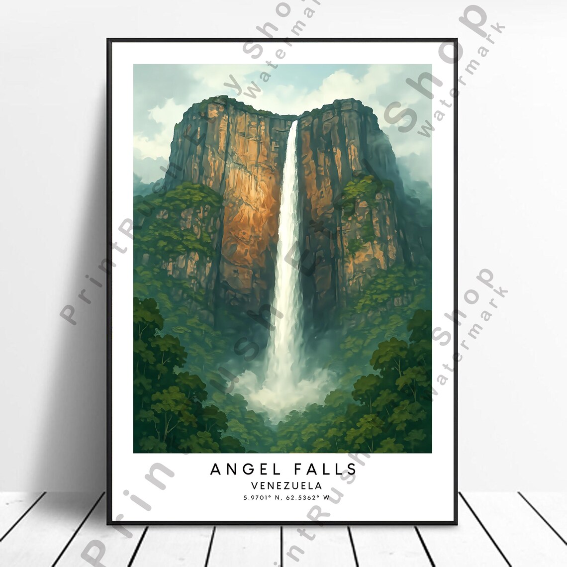 Angel Falls Venezuela Waterfall Jungle Travel Illustration Poster
