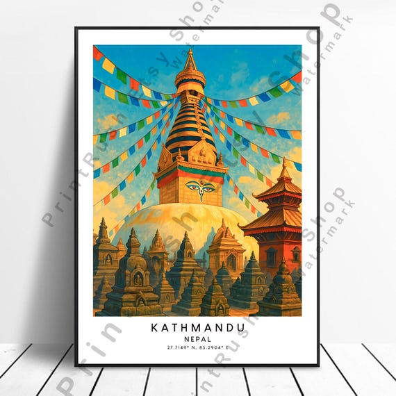 Nepal Travel Poster Kathmandu Wall Art Print Illustration Dcor Colourful Artwork Gift