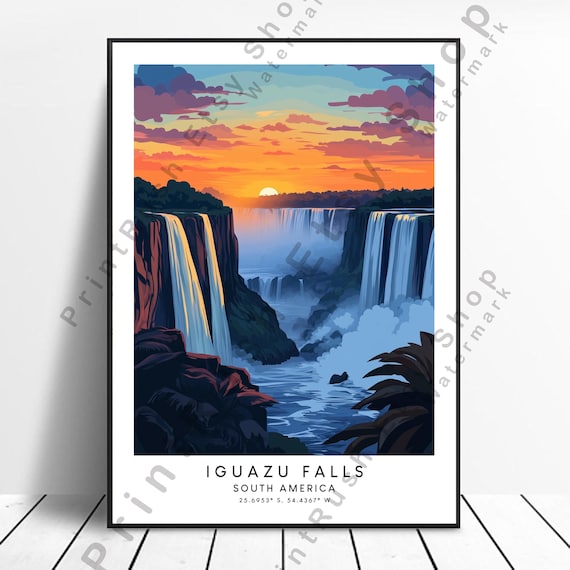 Iguazu Falls South America Sunset Waterfall Panoramic Nature Travel Poster