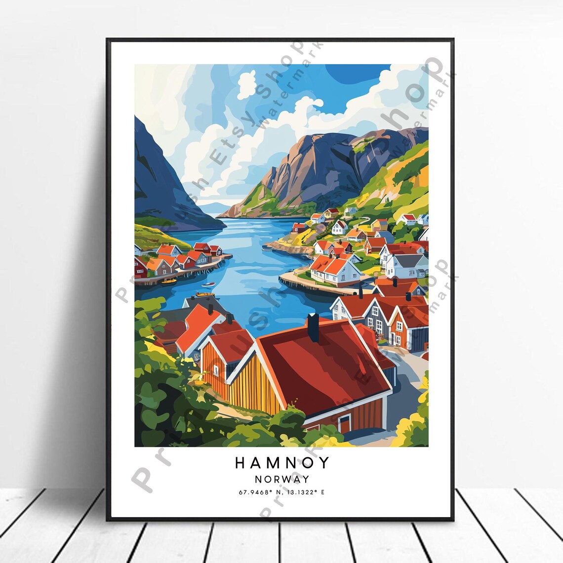 Hamnoy Norway Fjord Village Red Roofs Vintage Scenic Travel Poster
