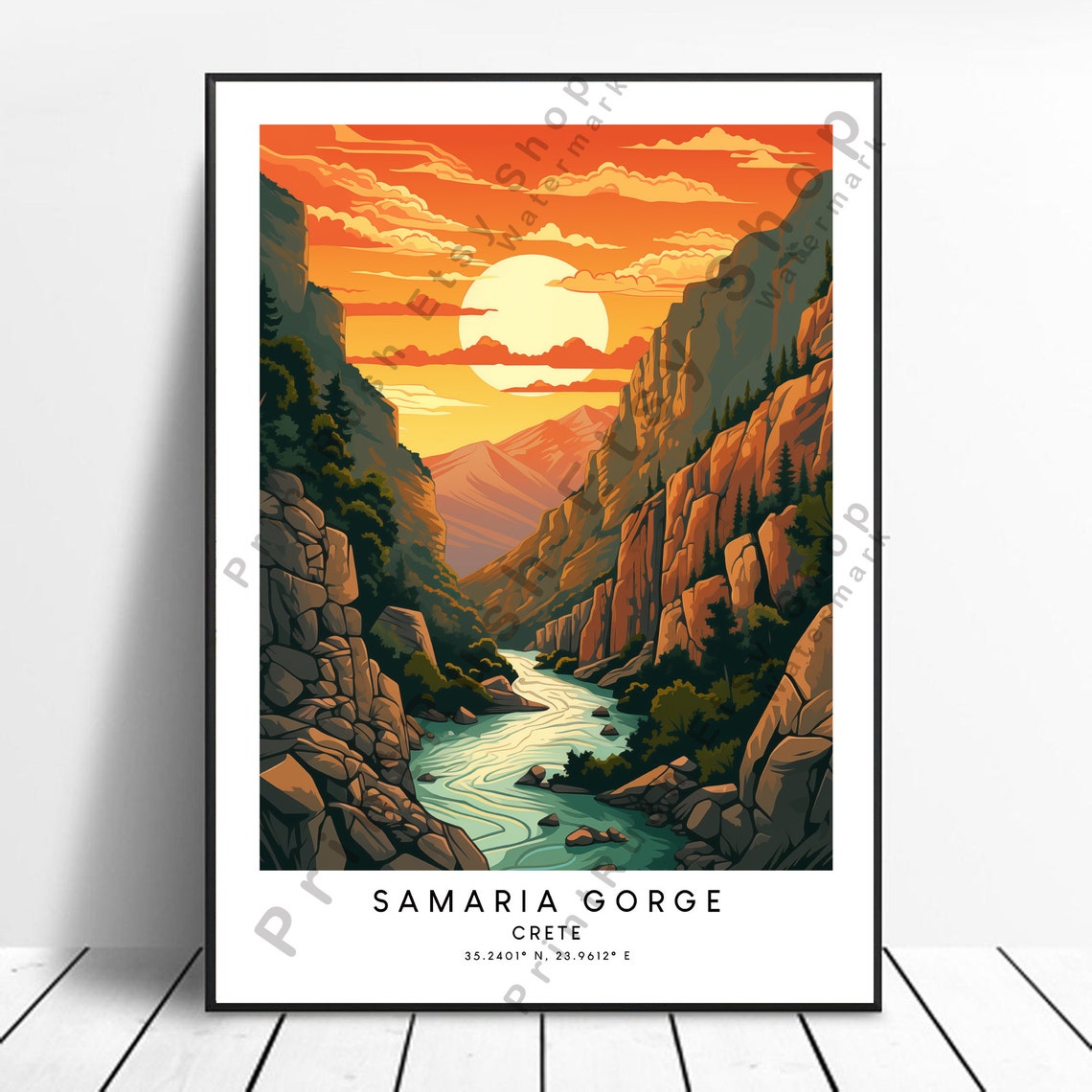 Samaria Gorge Crete Canyon River Dramatic Sunset Travel Poster