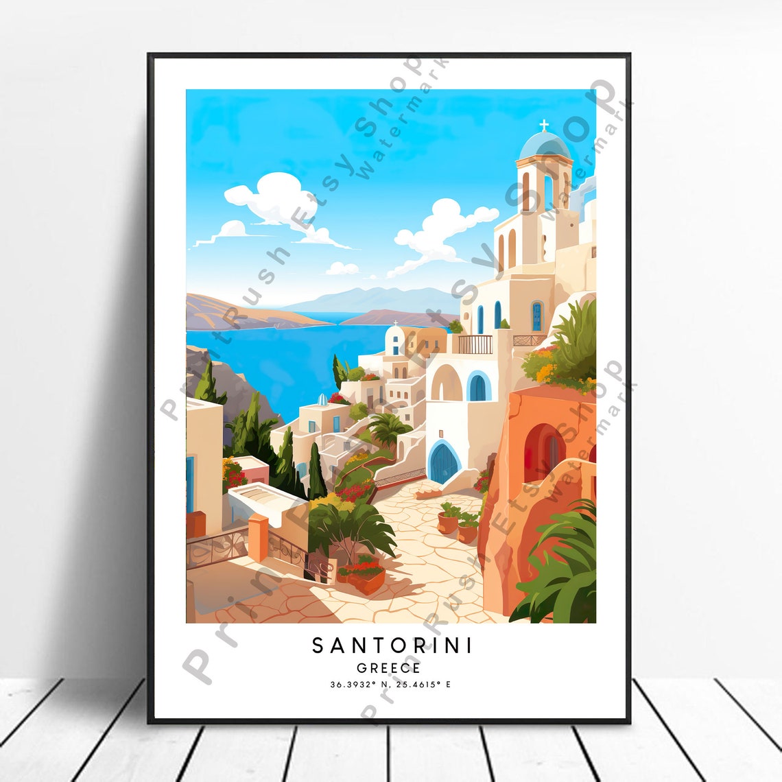 Santorini Travel Print Poster Wall Art Greece Minimalist Gift Christmas