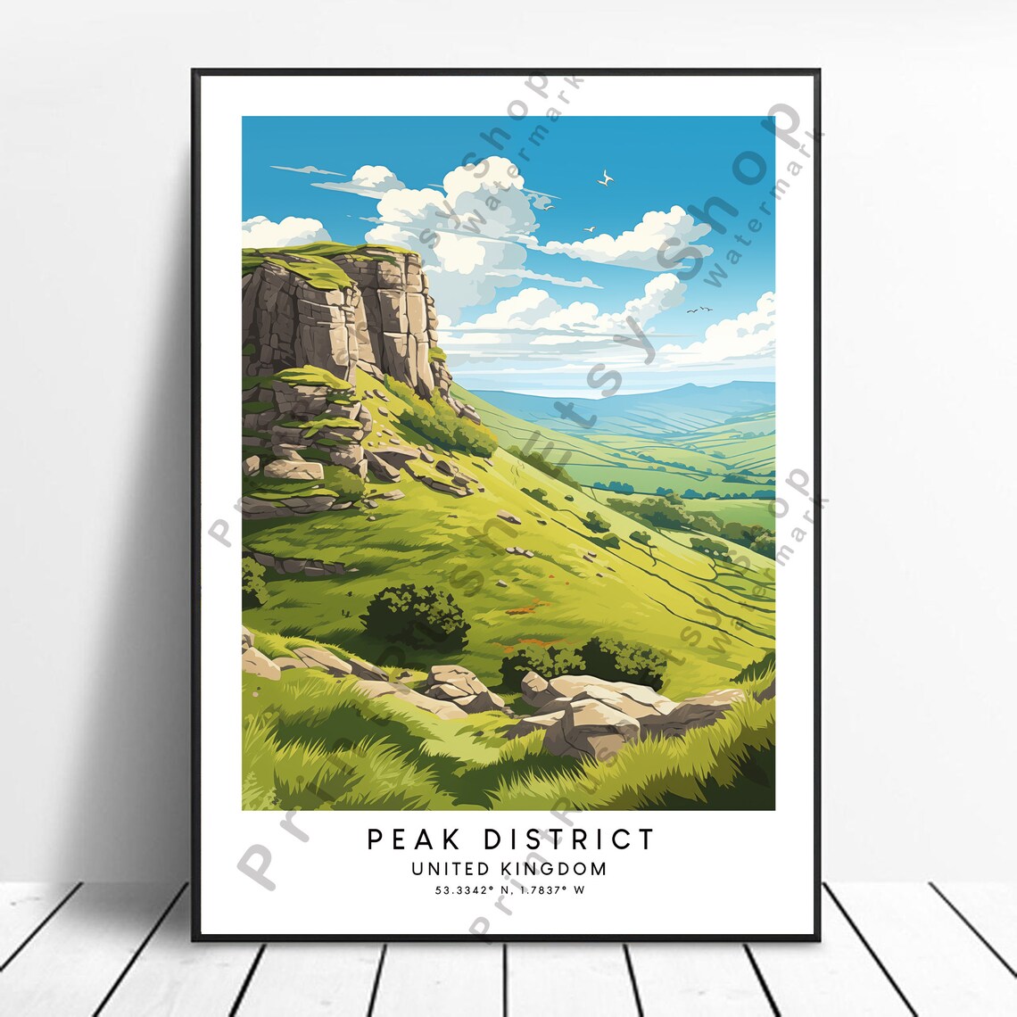Peak District United Kingdom Green Hills Rocky Tor Travel Poster