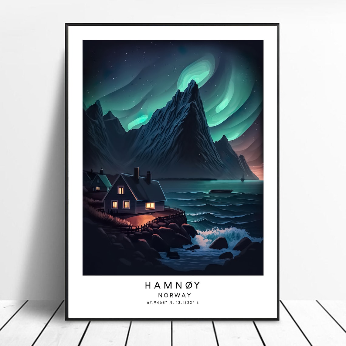 Hamnoy Norway Northern Lights Fishing Village Aurora Travel Art Poster