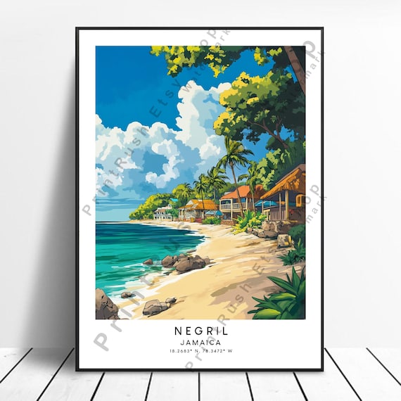 Negril Jamaica Tropical Beach Travel Poster Palm Trees Sunset