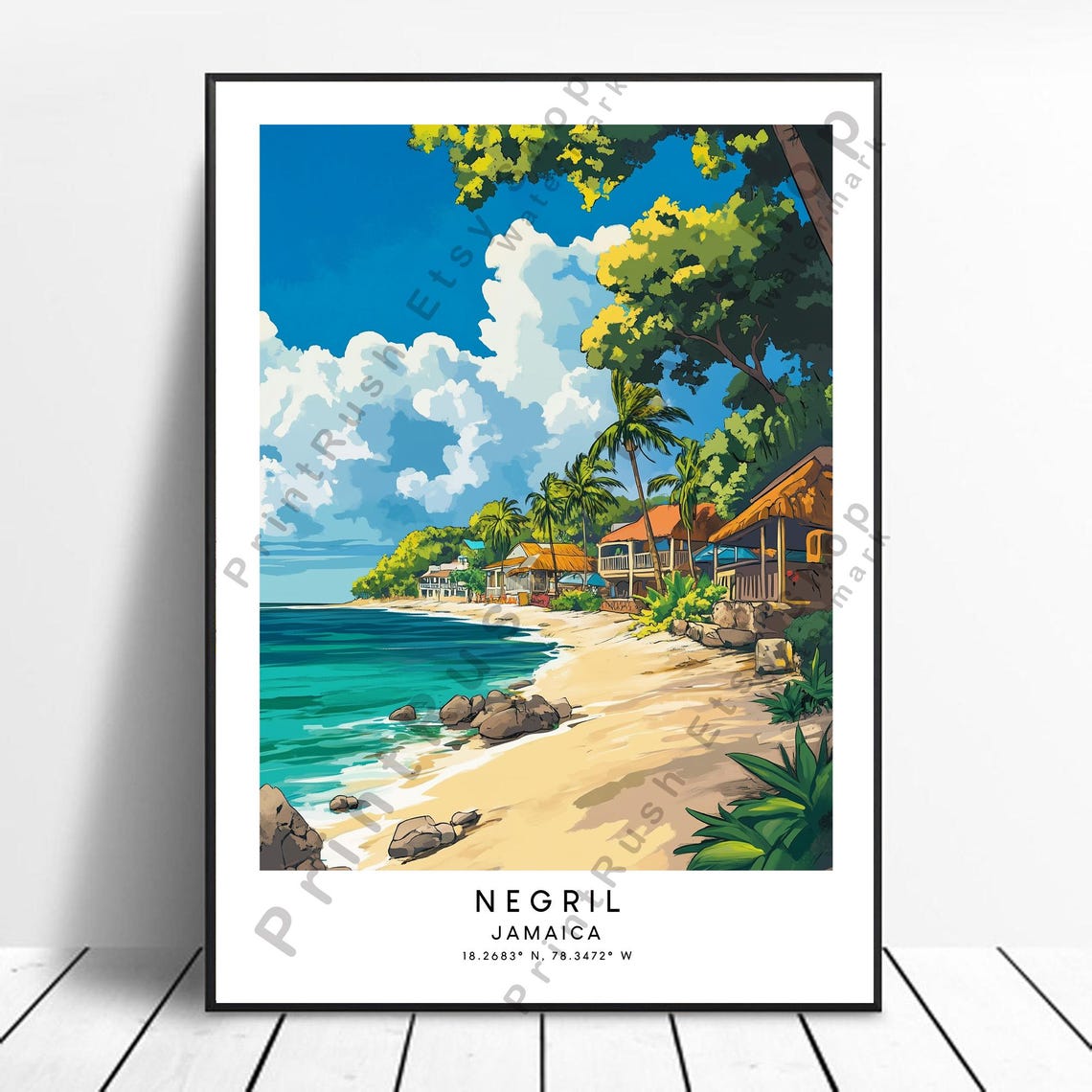 Negril Jamaica Tropical Beach Travel Poster Palm Trees Sunset
