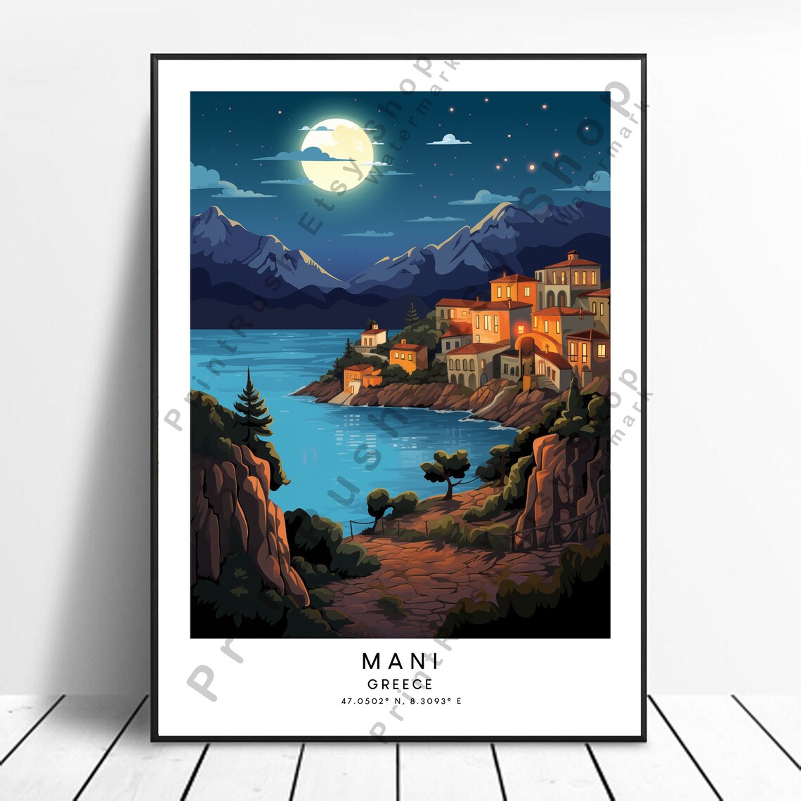 Mani Greece Moonlit Coastal Village Travel Poster Night Sea Landscape