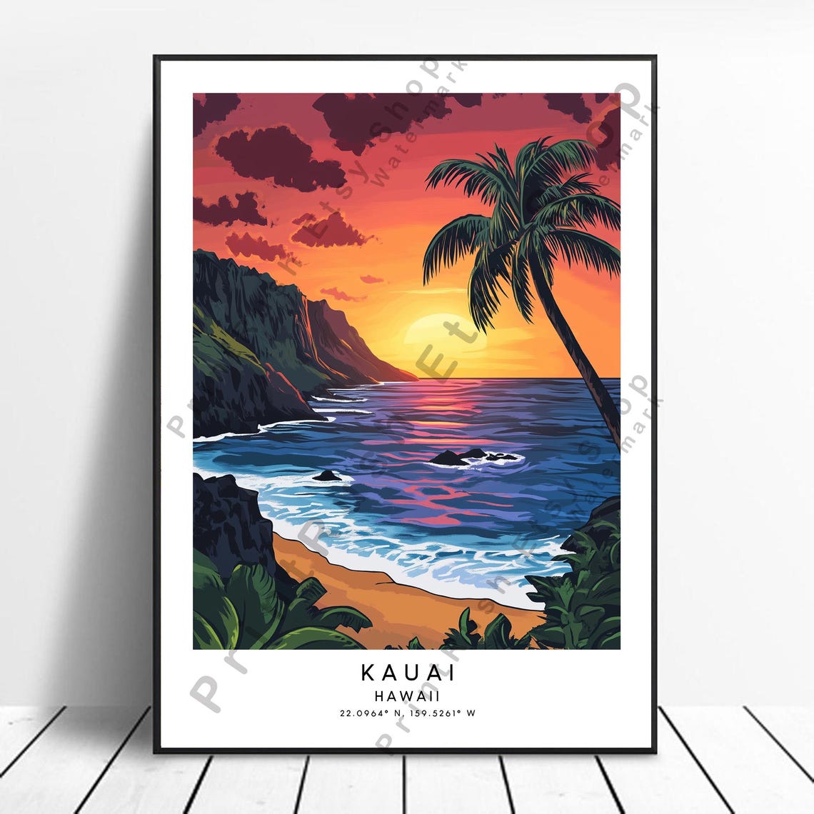 Kauai Hawaii Sunset Palm Beach Ocean Coordinates Travel Poster