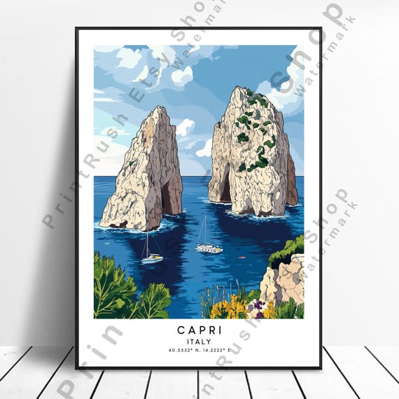 Capri Italy Wall Decor Beach Travel Print Poster Mediterranean Art Amalfi Coast Home Decoration Illustration Gift