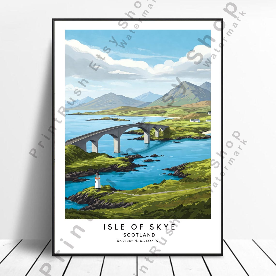 Isle of Skye Scotland Bridge Lighthouse Travel Illustration Poster