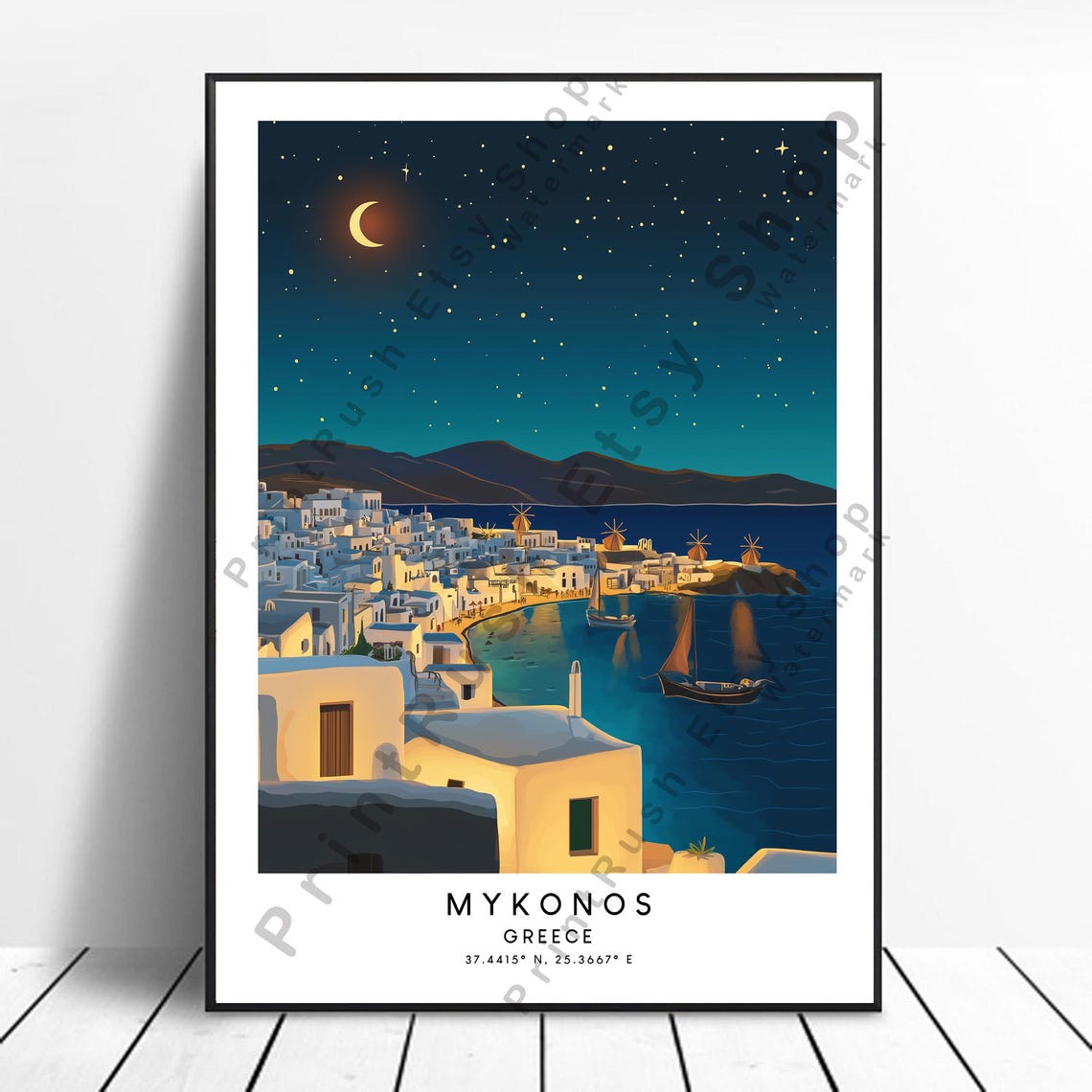 Mykonos Greece Night Moon Windmills Harbor Starry Travel Poster