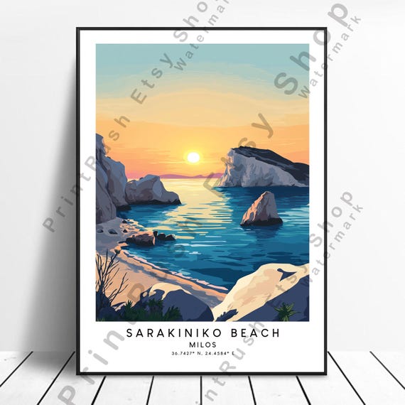 Greece Travel Poster Milos Sarakiniko Beach Art Print Illustration Wall Dcor Home Decor Gift
