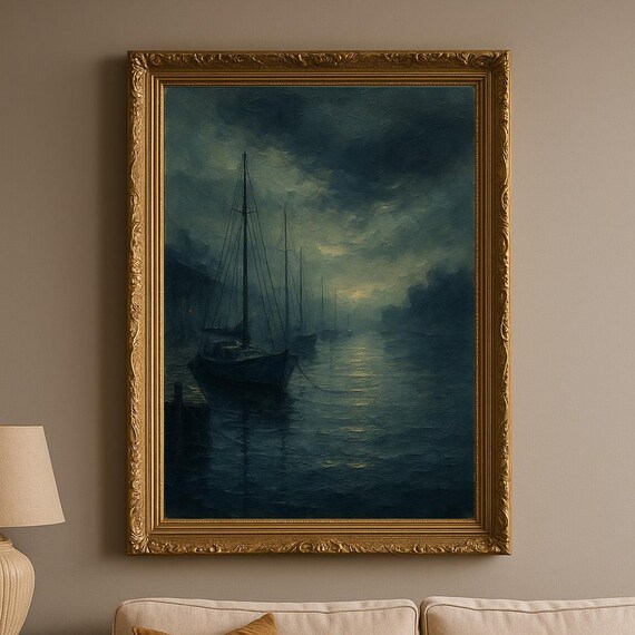 Sailboats Anchored in a Moonlit Harbor Nocturne Marine Painting Poster