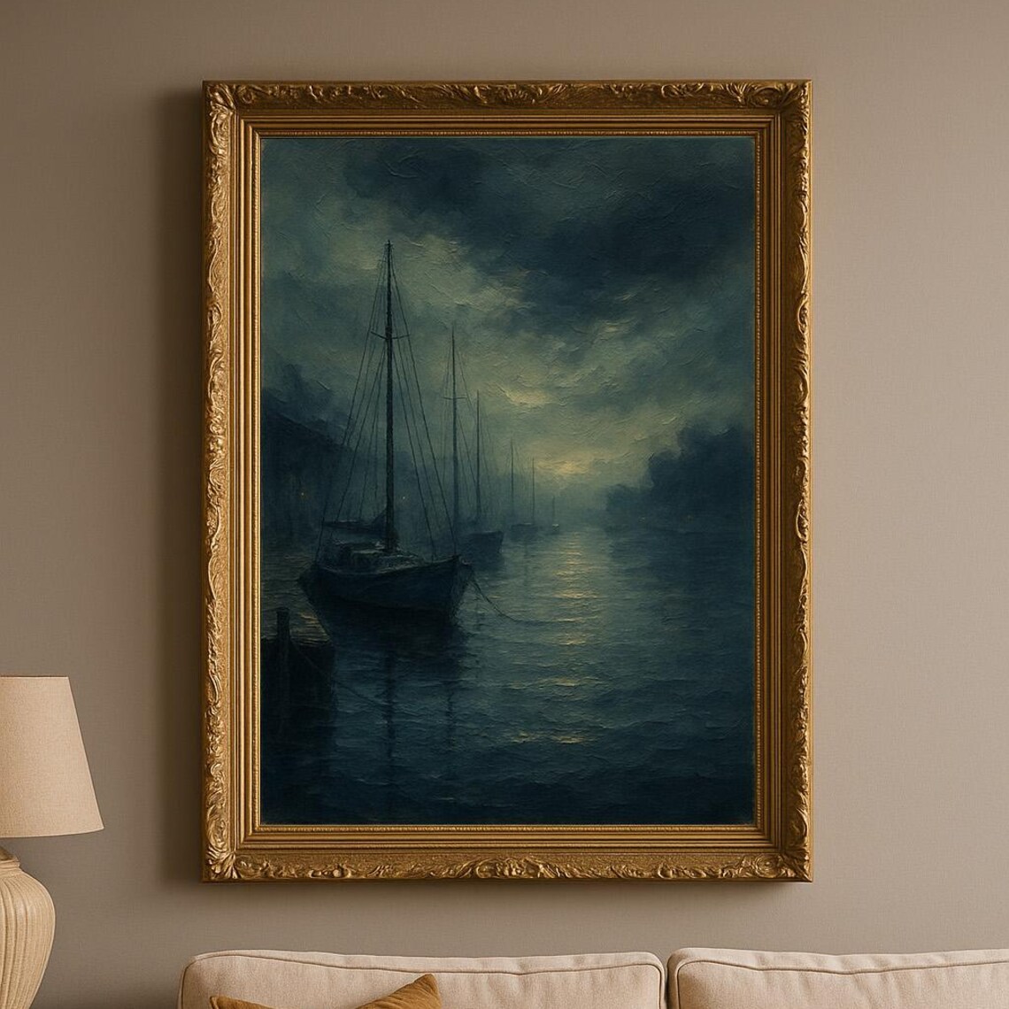 Sailboats Anchored in a Moonlit Harbor Nocturne Marine Painting Poster