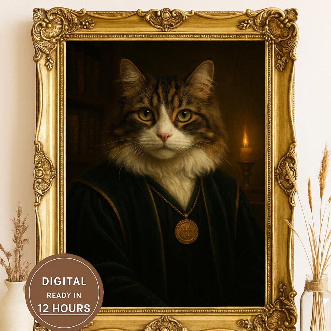 Custom Scholar Cat Portrait Dark Robe Medallion Regal Pet Poster