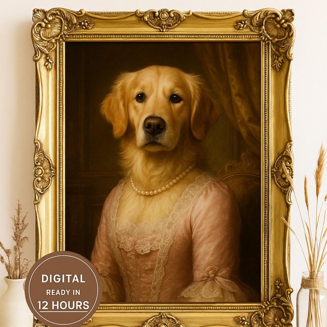 Golden Retriever Lady in Pink Dress Pearl Necklace Portrait Poster
